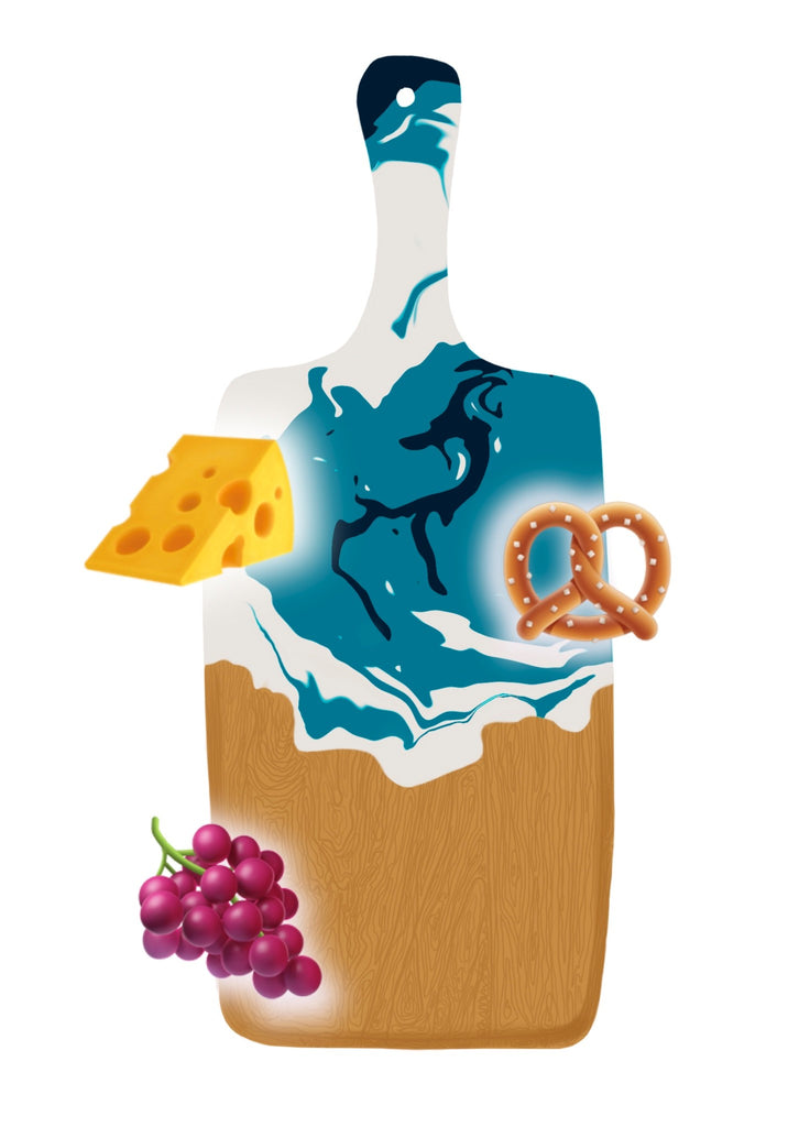Image of a cutting board partially covered with epoxy. There are several food types that are also present on the picture to facilitate the topic of the Nerpa Polymers' blog about the food safety concerns of DIY epoxy resins intended for home use.