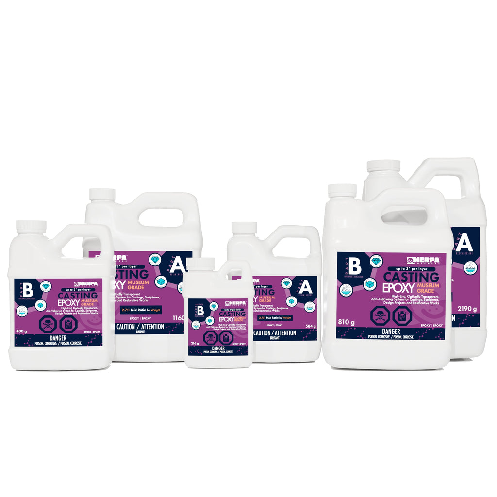 Casting Epoxy Museum Grade family . Available kits to purchase on Nerpa Polymers website. Kit as small as 800g to 3 kg