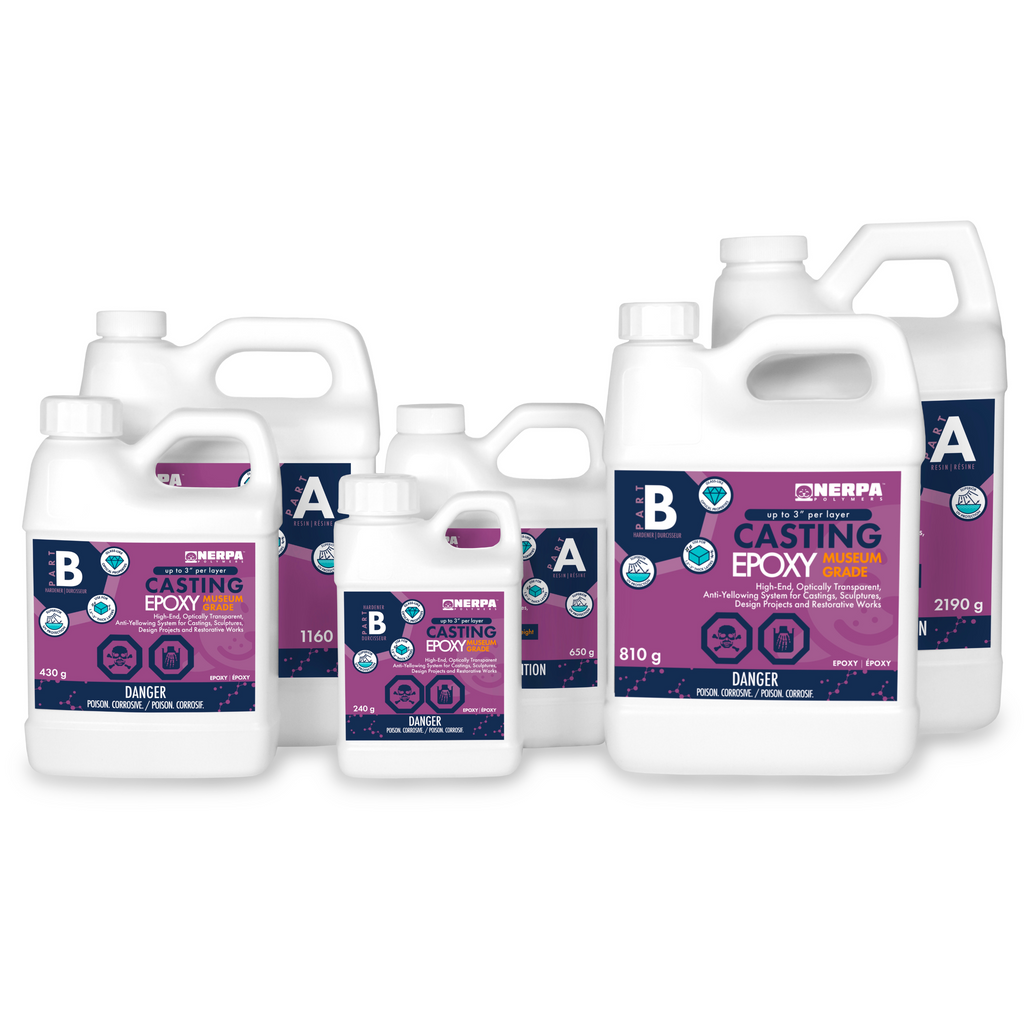 Nerpa Polymers Casting Epoxy Museum Grade kits with purple label. Various sizes available on Nerpa Polymers website. The largest size is 3 kg, while the smallest is 890 gram