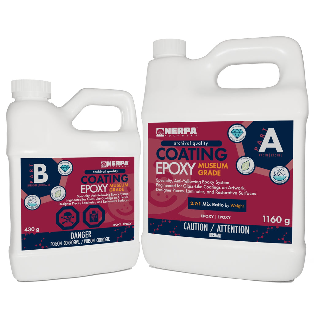 Two bottles of NERPA Coating Epoxy Msueum Grade on a white background