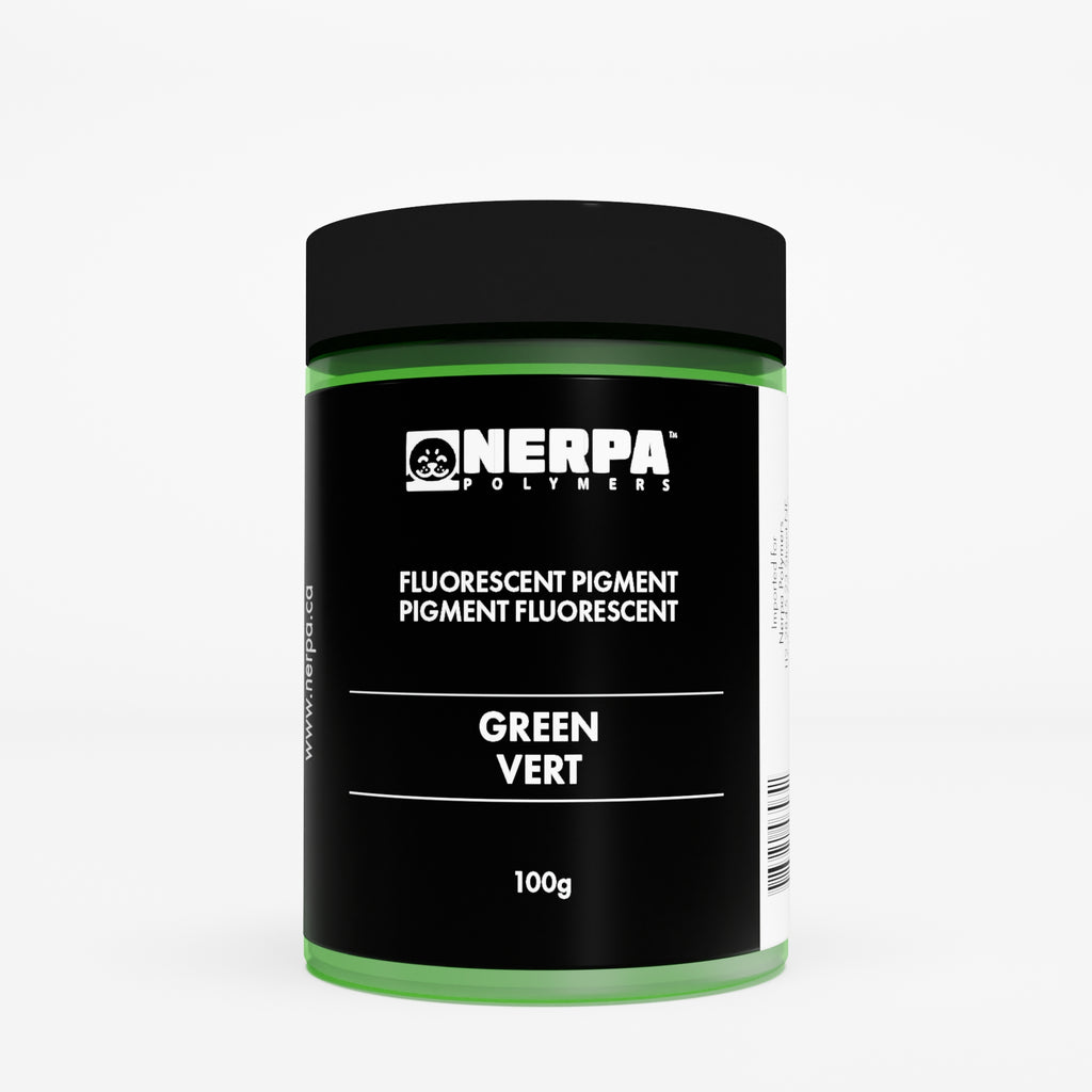 Jar of green pigment with NERPA on a white background