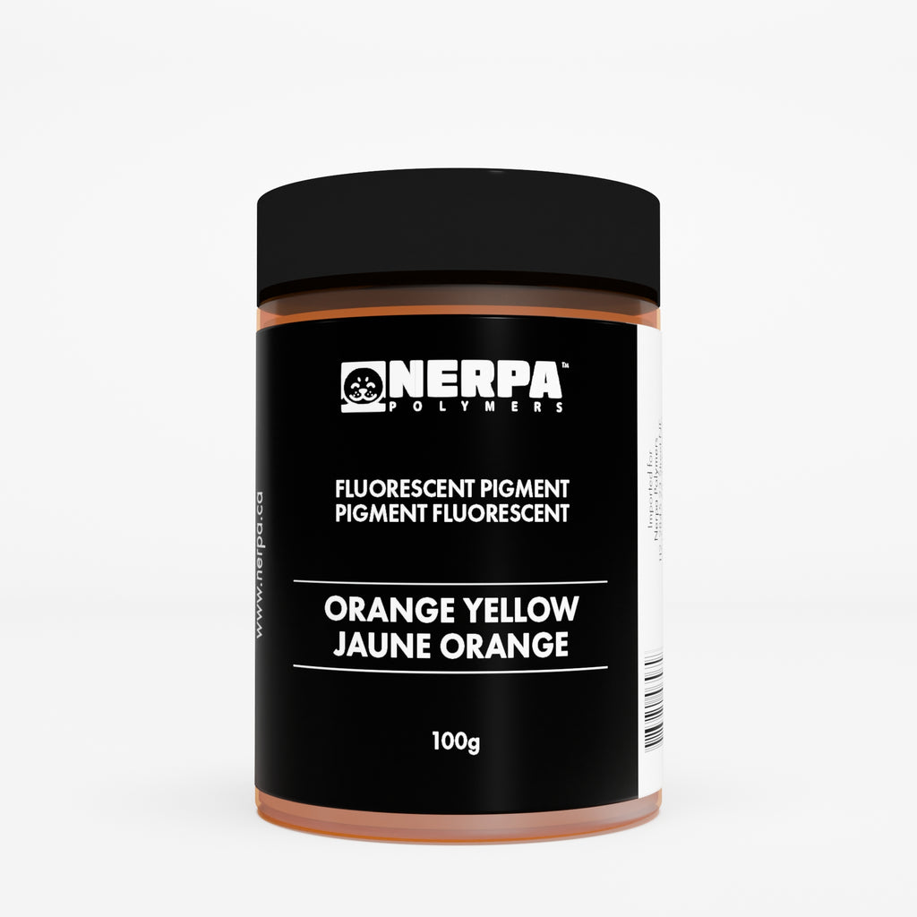 Jar of orange yellow pigment with NERPA Polymers branding on a white background