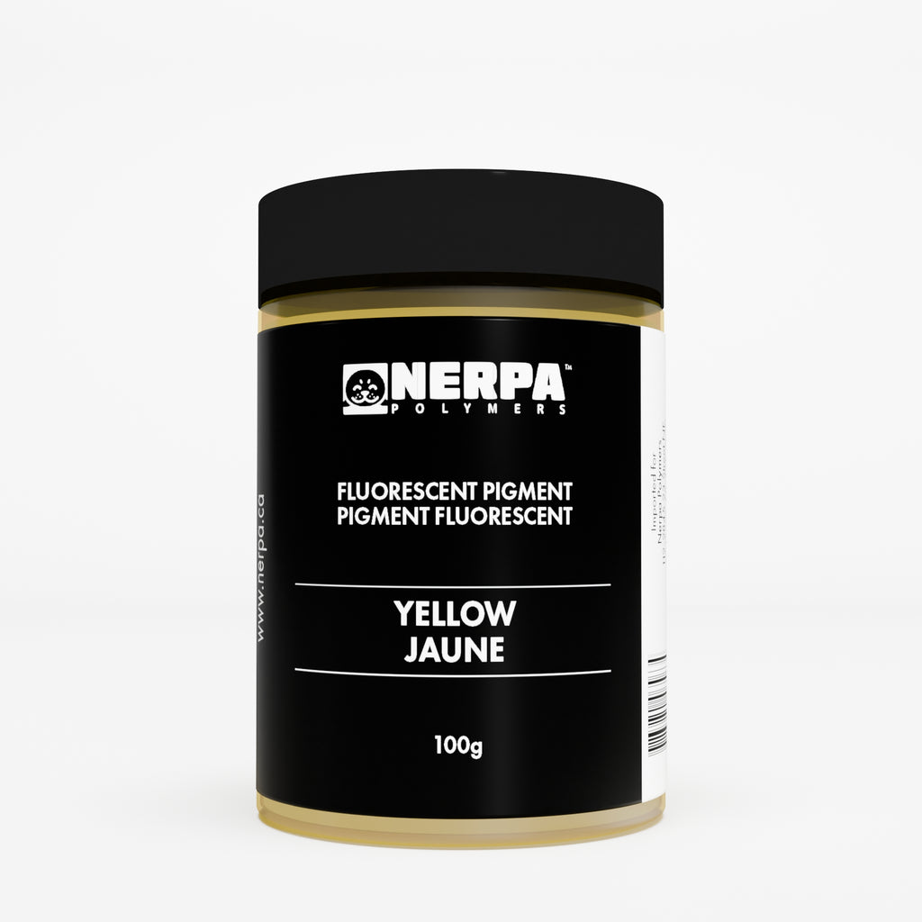 Jar of fluorescent pigment labeled 'Yellow' by NERPA on a white background