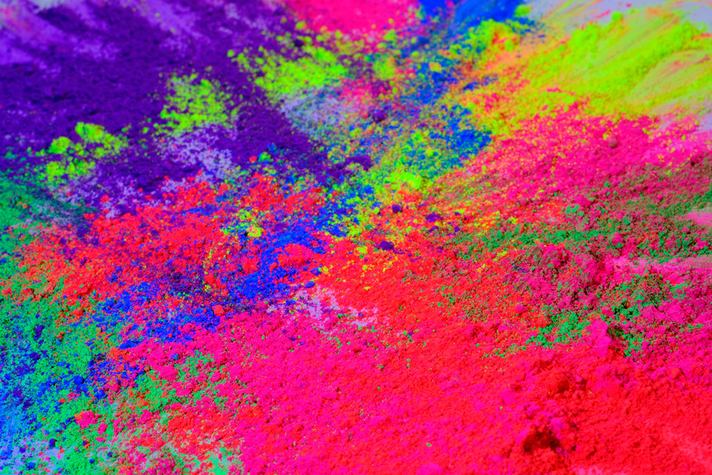 Colourful abstract pattern with bright pink, green, and purple hues. Made with Nerpa Polymers Fluorescent Pigments