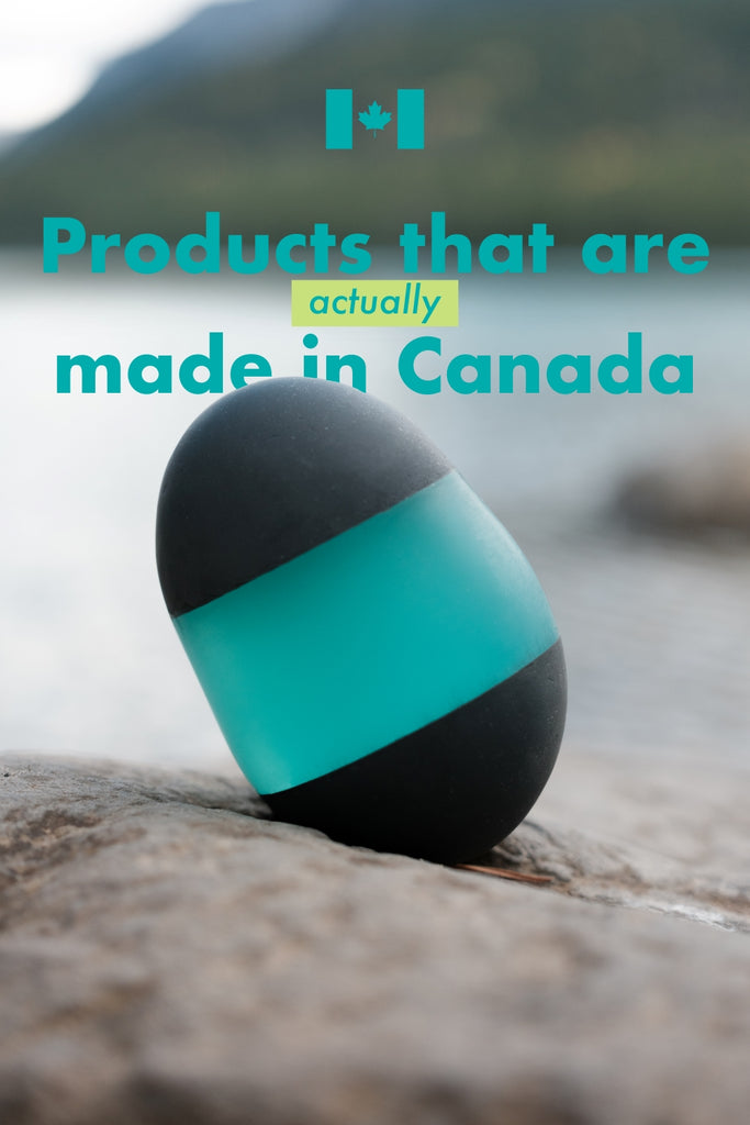Black and teal Nerpa Polymers ball on a rock with text 'Products that are actually made in Canada' and a Canadian flag icon.
